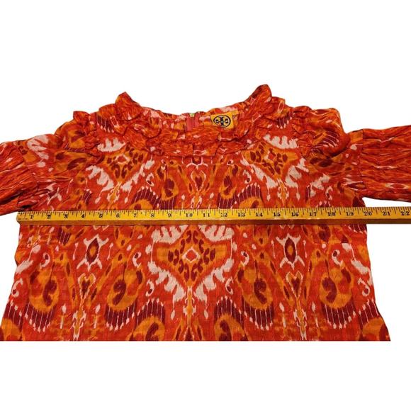 Tory Burch Blouse Silk Blend Size 10 Ruffle Neck Long Flared Sleeves Orange Red - Picture 10 of 13